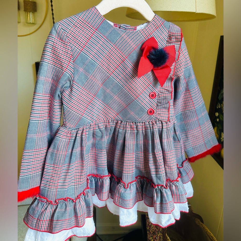Elegant Red and Gray Plaid Kids Dress